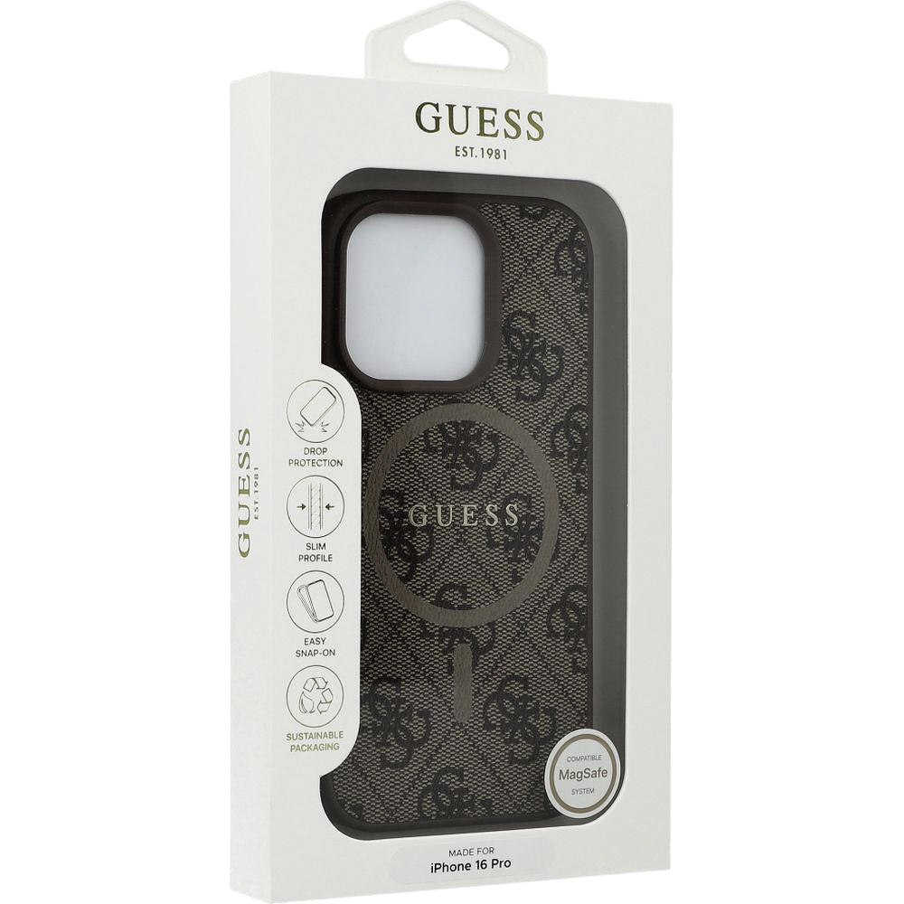 Etui Guess Hardcase 4G Ring Classic Logo MagSafe do Apple iPhone 16 Pro, brązowe