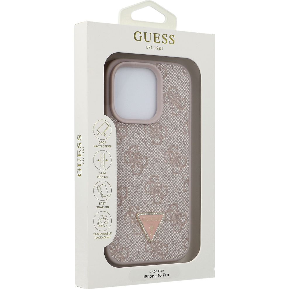 Oryginalne i ekskluzywne etui Leather 4G Triangle Strass od marki Guess do Apple iPhone 16 Pro, różowe