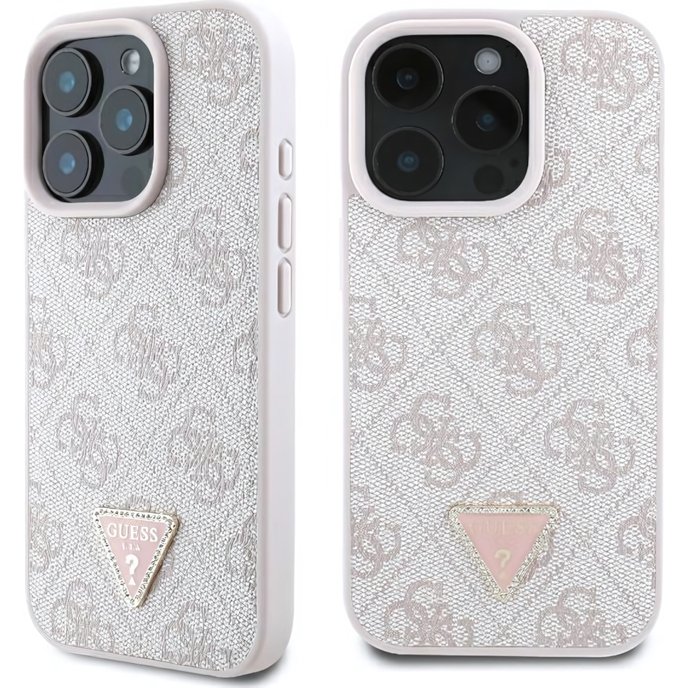 Oryginalne i ekskluzywne etui Leather 4G Triangle Strass od marki Guess do Apple iPhone 16 Pro, różowe