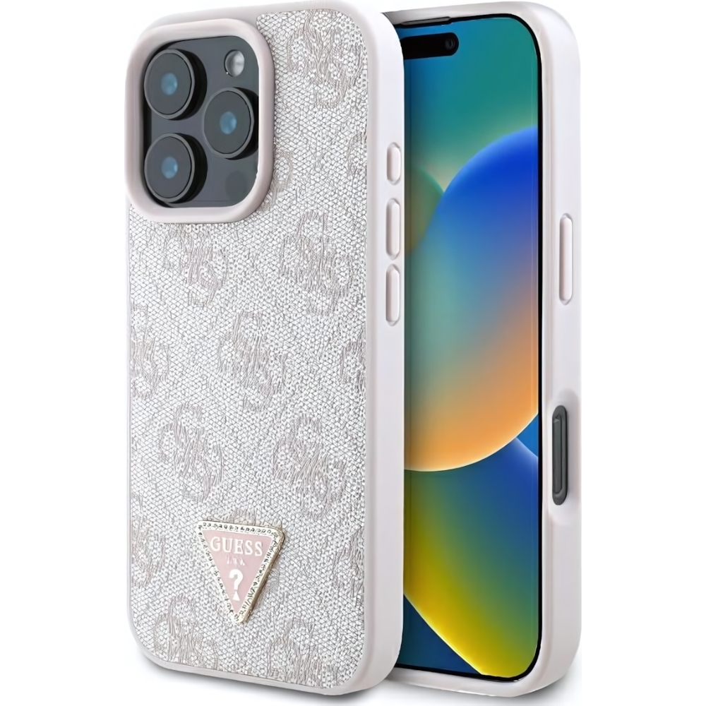 Oryginalne i ekskluzywne etui Leather 4G Triangle Strass od marki Guess do Apple iPhone 16 Pro, różowe