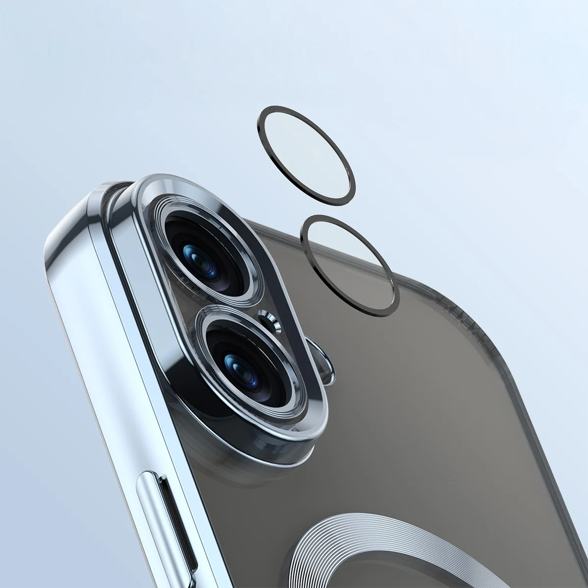 Zbliżenie na wbudowaną ochronę aparatu w Bizon Case GuardO do Apple iPhone 16