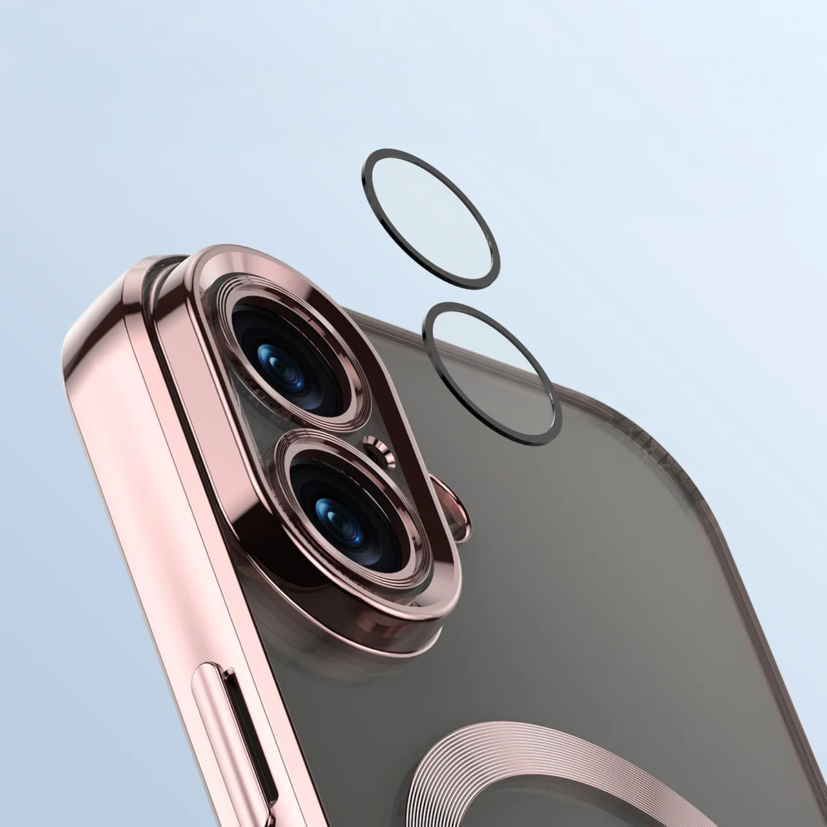 Zbliżenie na wbudowaną ochronę aparatu w Bizon Case GuardO do Apple iPhone 16