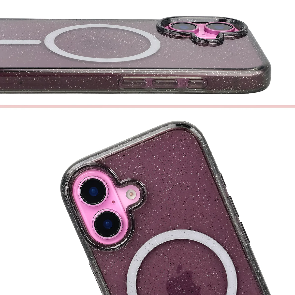 Podwyższone krawędzie aparatu i duże wycięcie w etui Bizon Case SparklO do Apple iPhone 16