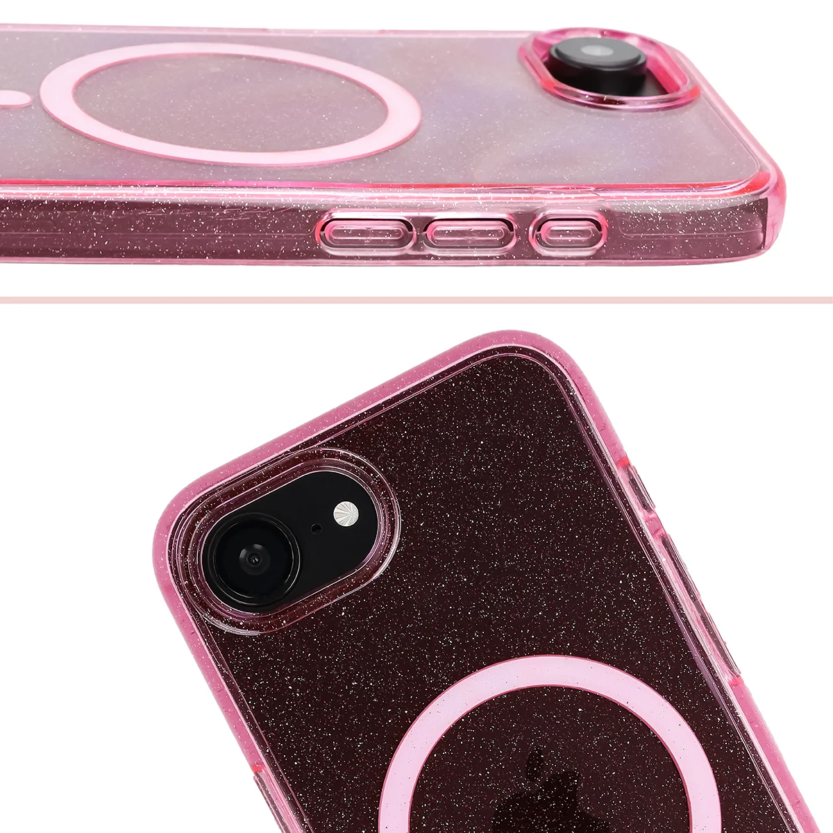 Podwyższone krawędzie aparatu i duże wycięcie w etui Bizon Case SparklO do Apple iPhone 17e / Apple iPhone 16e