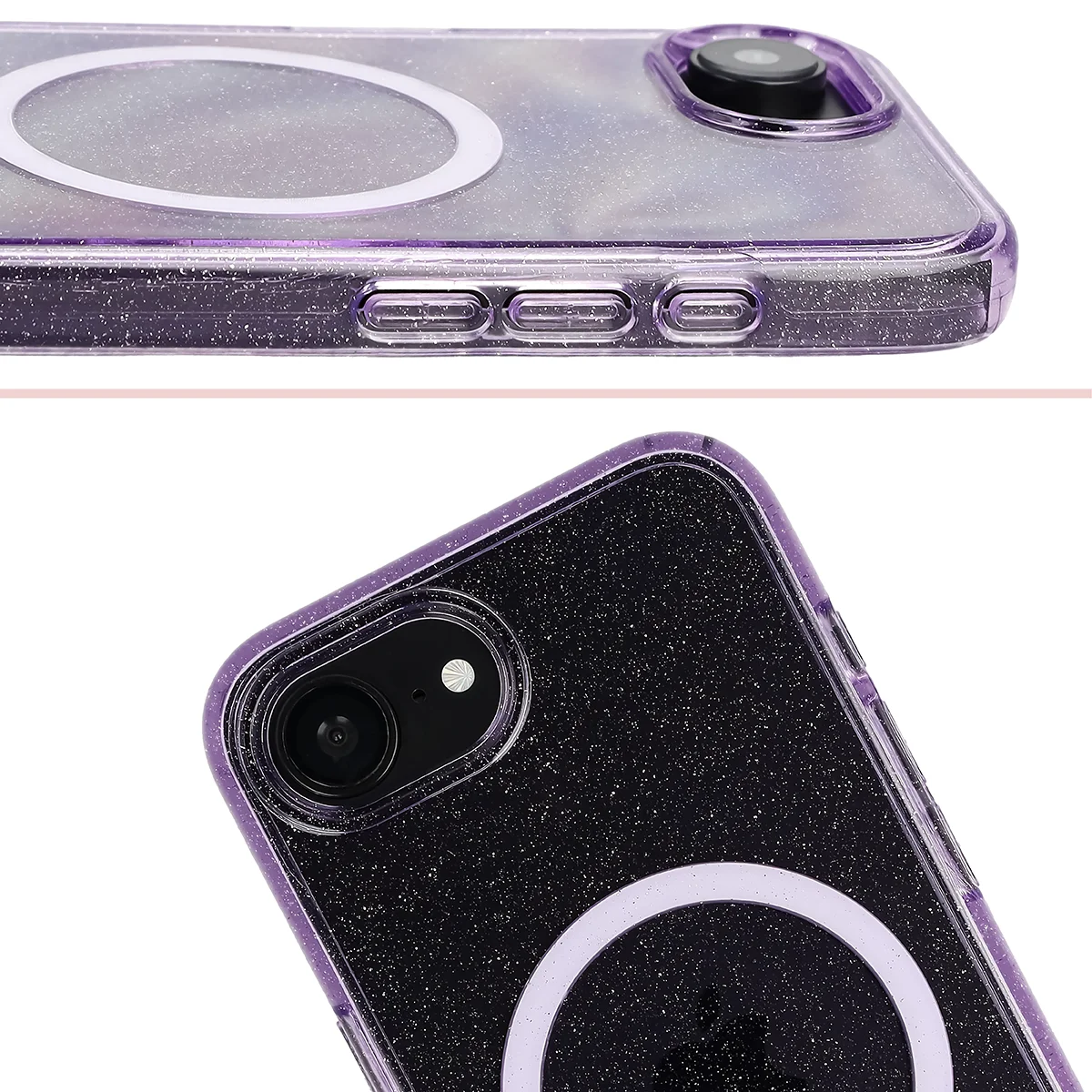 Podwyższone krawędzie aparatu i duże wycięcie w etui Bizon Case SparklO do Apple iPhone 17e /  Apple iPhone 16e