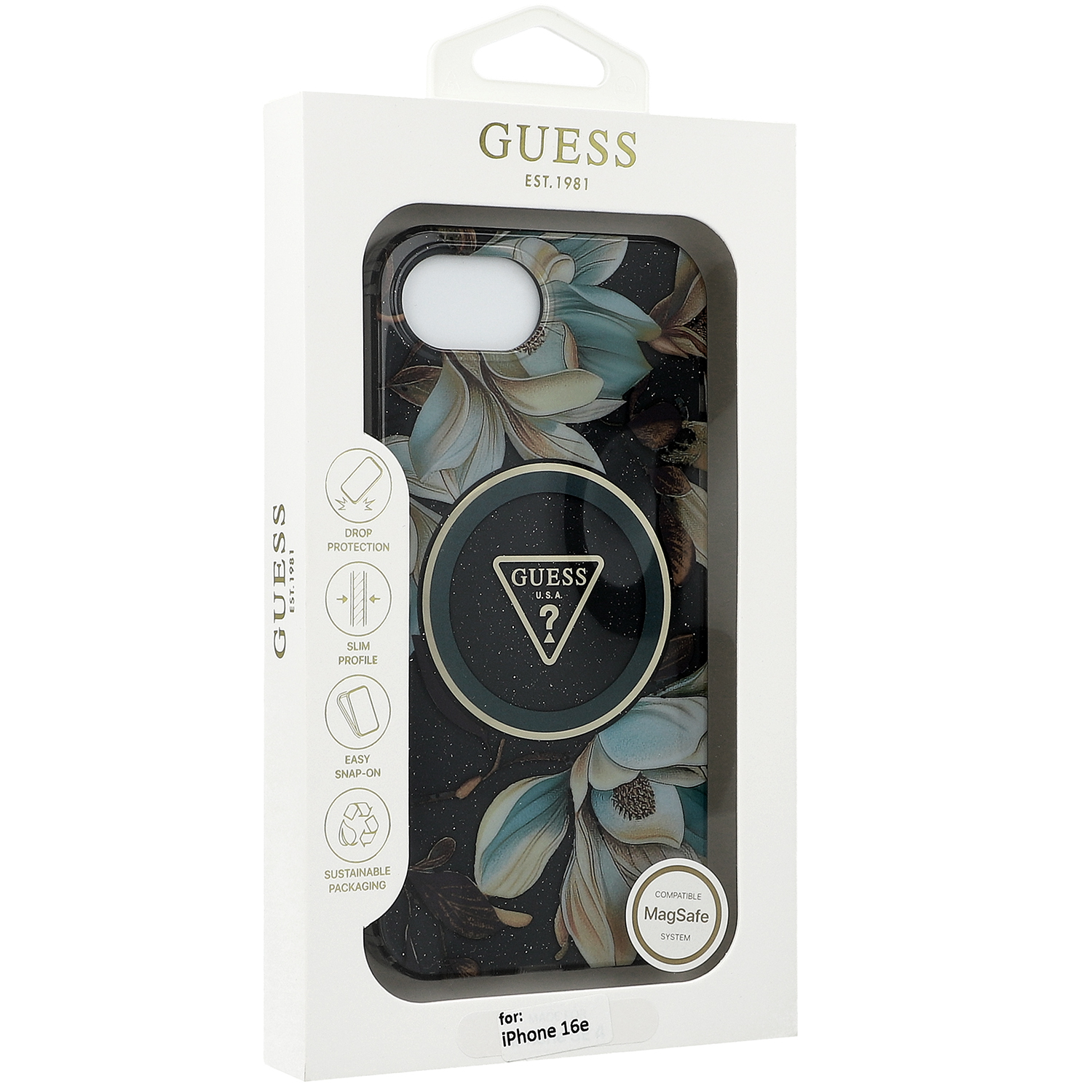 Etui Guess Glitter Flowers Triangle Buttons do MagSafe do Apple iPhone 16e, czarne z kwiecistym wzorem