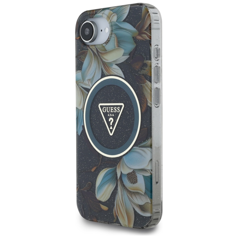 Etui Guess Glitter Flowers Triangle Buttons do MagSafe do Apple iPhone 16e, czarne z kwiecistym wzorem