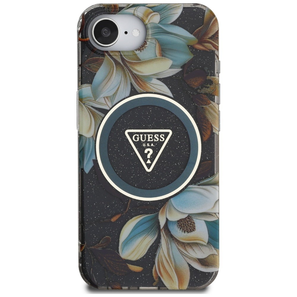 Etui Guess Glitter Flowers Triangle Buttons do MagSafe do Apple iPhone 16e, czarne z kwiecistym wzorem