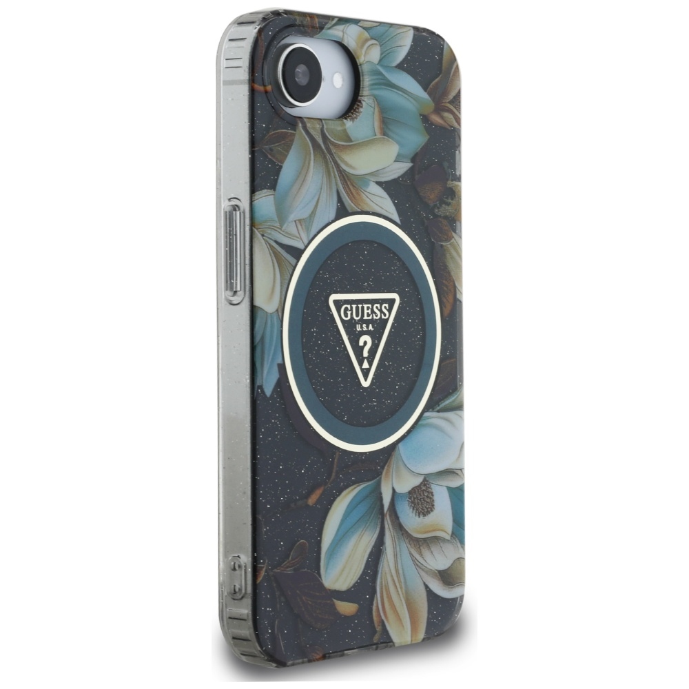Etui Guess Glitter Flowers Triangle Buttons do MagSafe do Apple iPhone 16e, czarne z kwiecistym wzorem