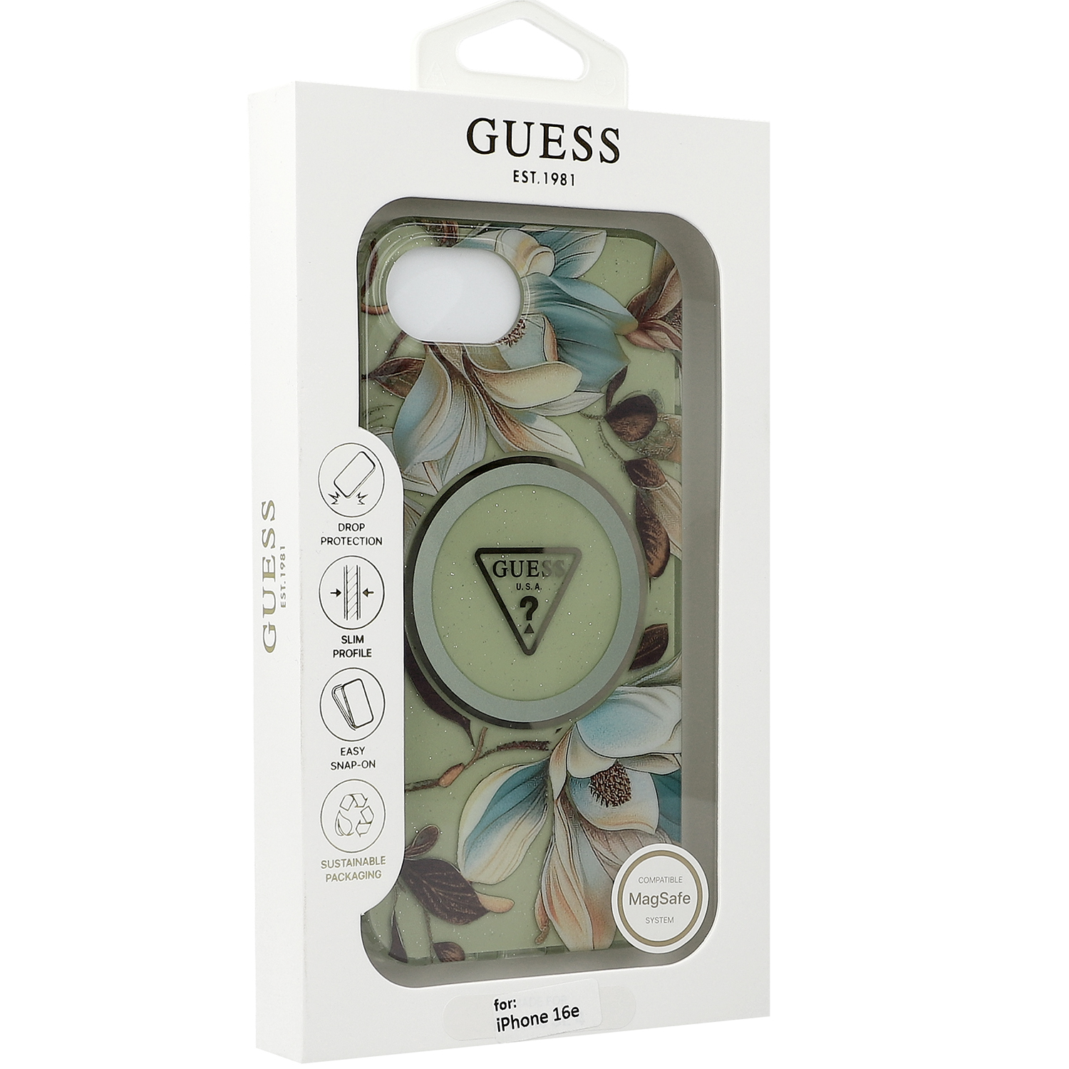 Etui Guess Glitter Flowers Triangle Buttons do MagSafe do Apple iPhone 16e, zielone z kwiecistym wzorem