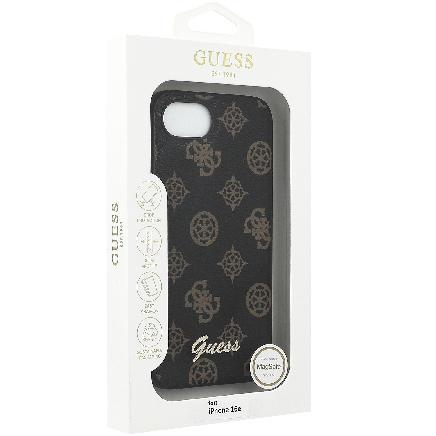 Guess Peony Script Logo MagSafe, etui ochronne ze skóry ekologicznej, ozdobne złote logo Guess, stylowy design, modna ochrona telefonu