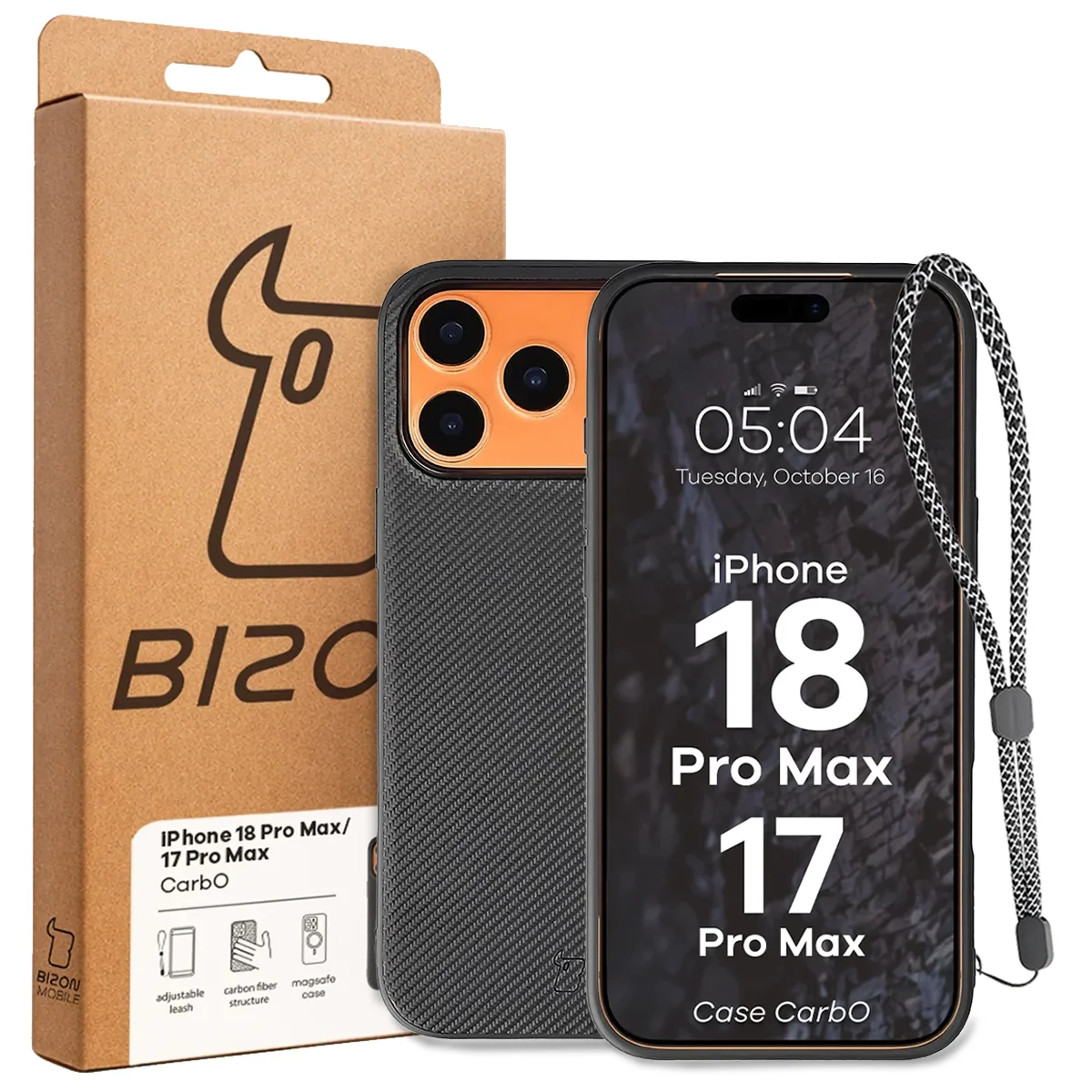 Przód pudełka Bizon Case z dedykowaną etykietą do Apple iPhone 18 Pro Max / 17 Pro Max