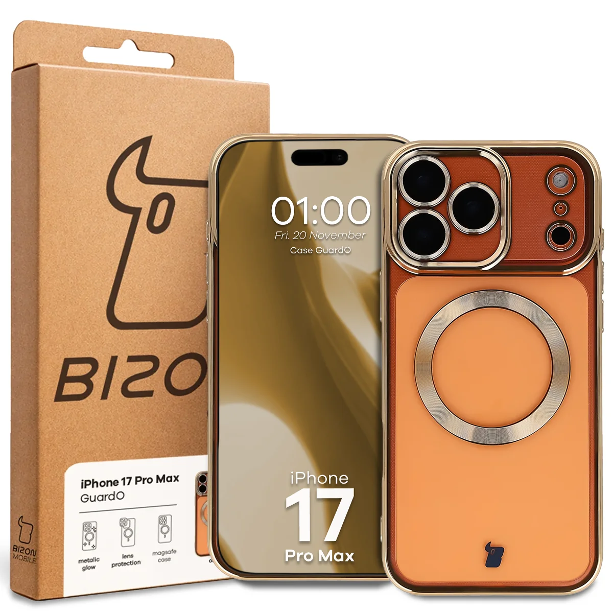 Przód pudełka Bizon Case z dedykowaną etykietą do Apple iPhone 17 Pro Max