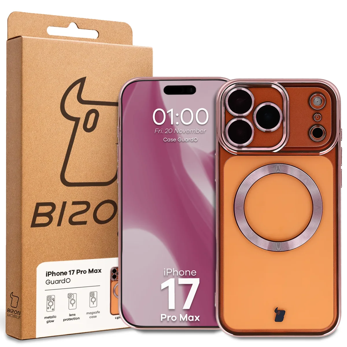 Przód pudełka Bizon Case z dedykowaną etykietą do Apple iPhone 17 Pro Max