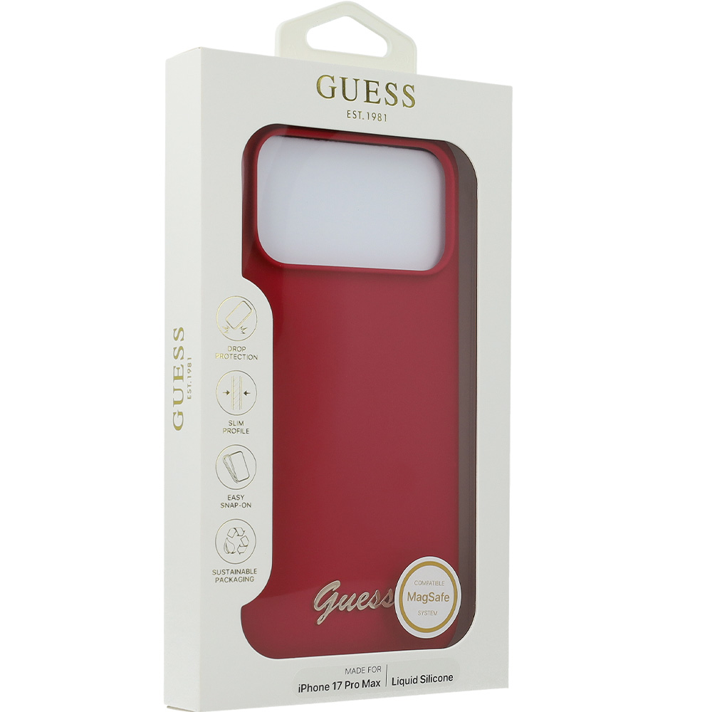 Carcasa Guess Hardcase din silicon cu logo metalic si scriere MagSafe pentru iPhone 17 Pro Max, rosie