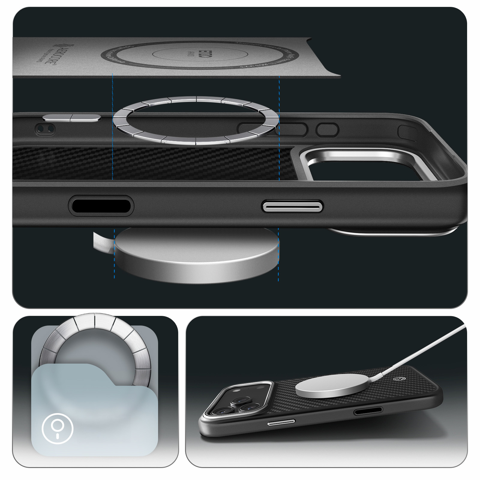 Etui z osłoną przycisku Spigen Enzo Aramid T Mag (CC) do MagSafe do Apple iPhone 17 Pro Max, czarno-srebrne