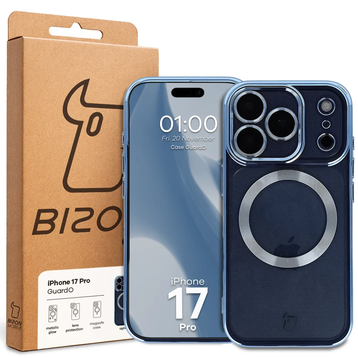 Przód pudełka Bizon Case z dedykowaną etykietą do Apple iPhone 17 Pro