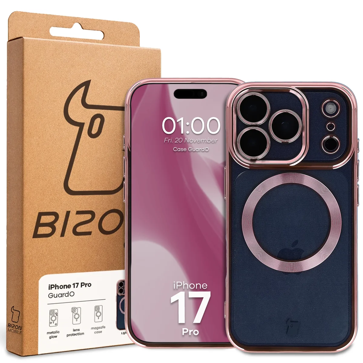 Przód pudełka Bizon Case z dedykowaną etykietą do Apple iPhone 17 Pro