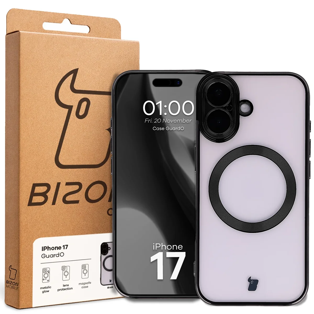 Przód pudełka Bizon Case z dedykowaną etykietą do Apple iPhone 17