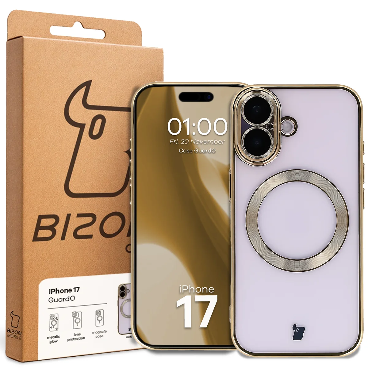 Przód pudełka Bizon Case z dedykowaną etykietą do Apple iPhone 17