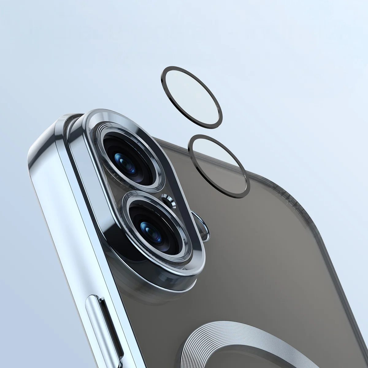 Zbliżenie na wbudowaną ochronę aparatu w Bizon Case GuardO do Apple iPhone 17
