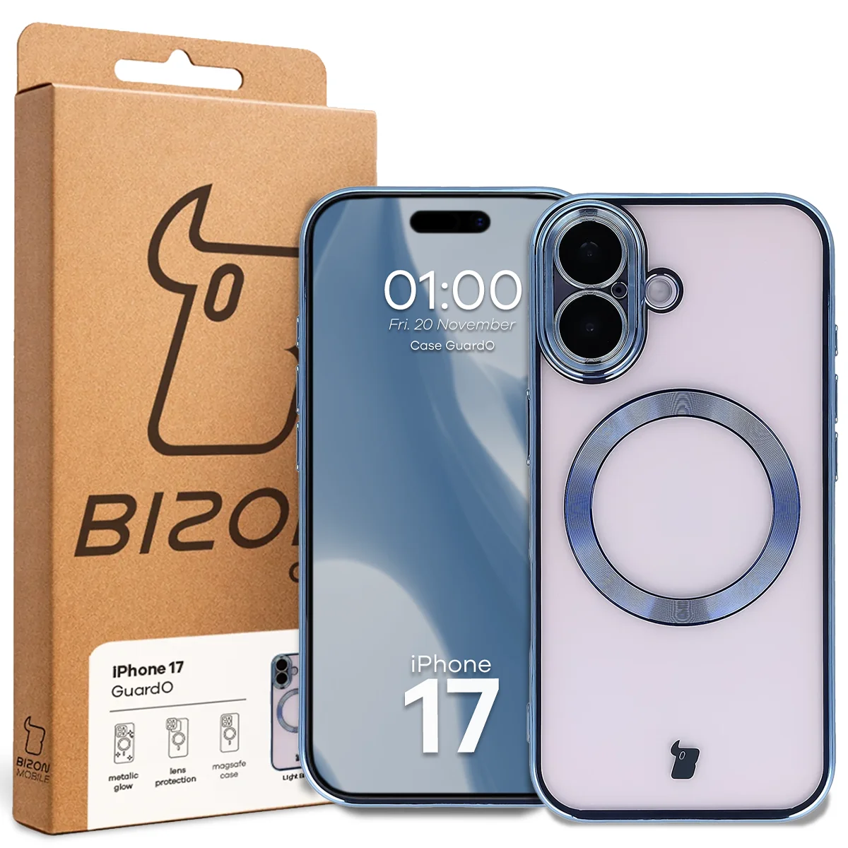 Przód pudełka Bizon Case z dedykowaną etykietą do Apple iPhone 17