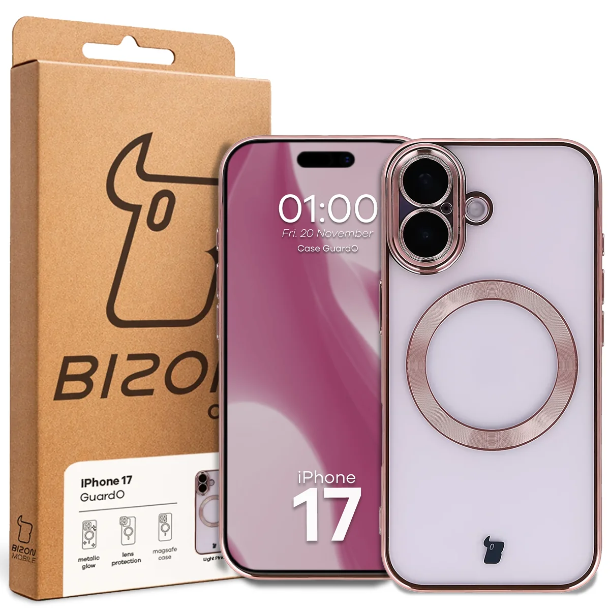 Przód pudełka Bizon Case z dedykowaną etykietą do Apple iPhone 17