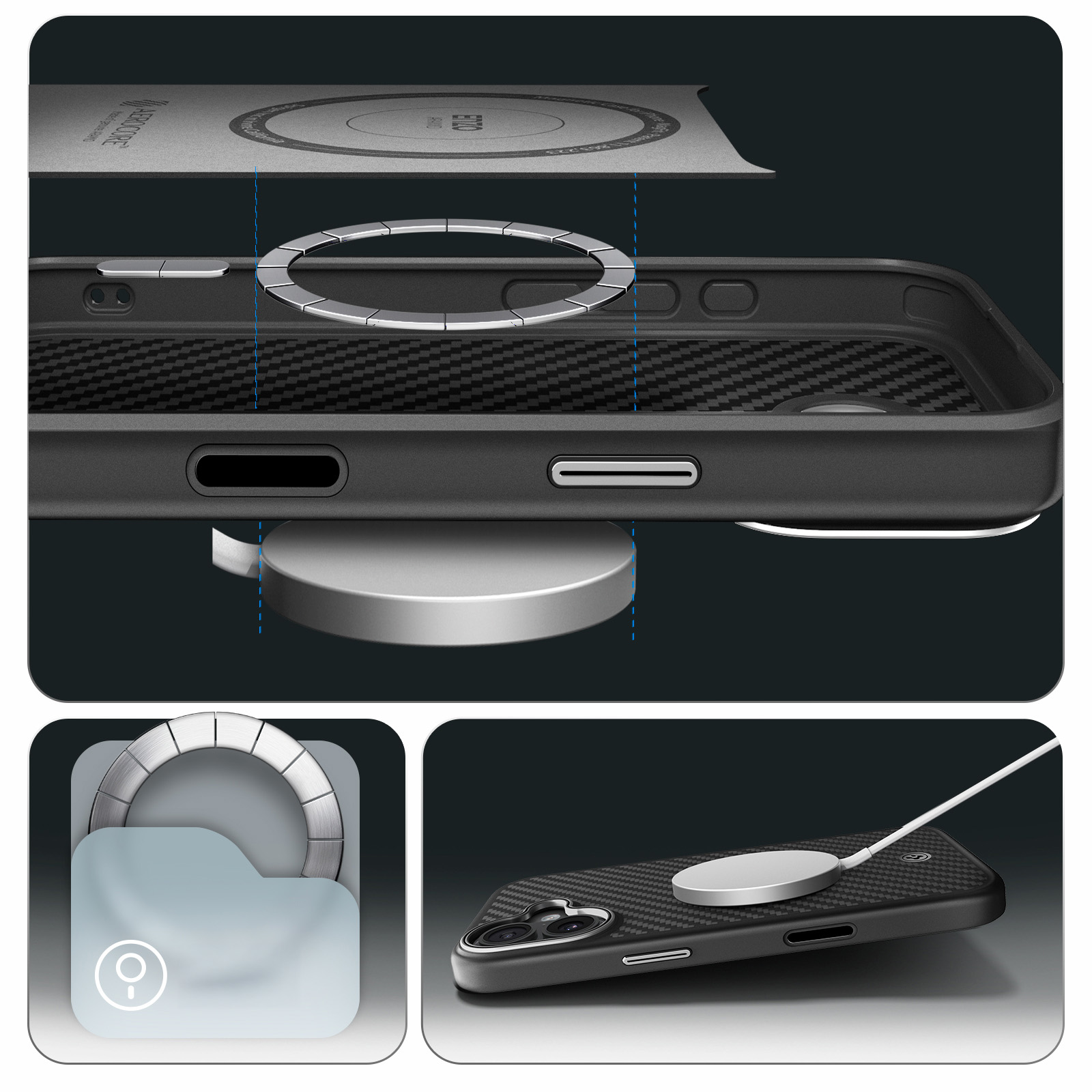 Etui z osłoną przycisku Spigen Enzo Aramid T Mag (CC) do MagSafe do Apple iPhone 17, czarno-srebrne