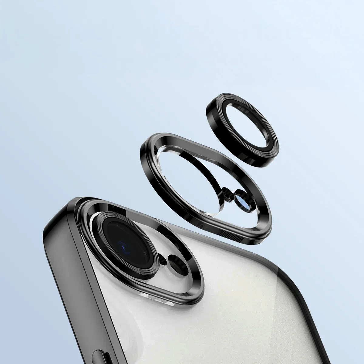 Zbliżenie na wbudowaną ochronę aparatu w Bizon Case GuardO do Apple iPhone 17e / Apple iPhone 16e