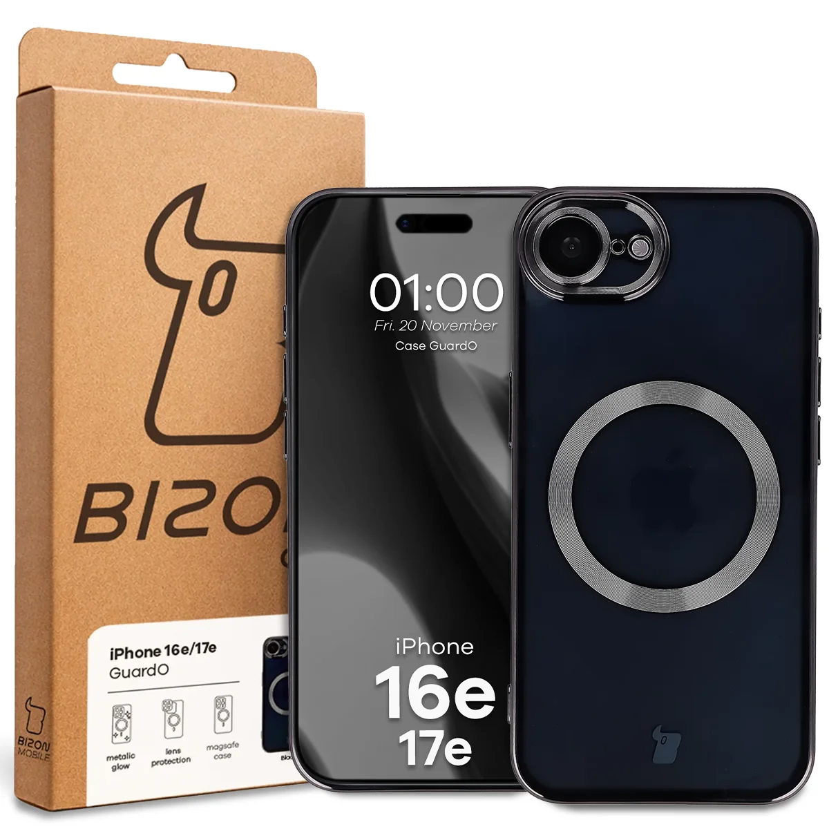 Przód pudełka Bizon Case z dedykowaną etykietą do Apple iPhone 17e / Apple iPhone 16e