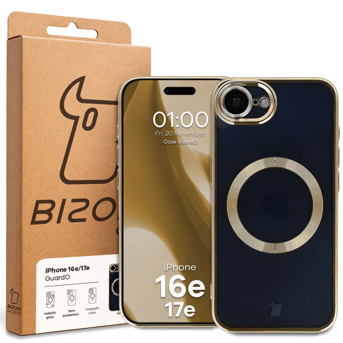 Przód pudełka Bizon Case z dedykowaną etykietą do Apple iPhone 17e / Apple iPhone 16e