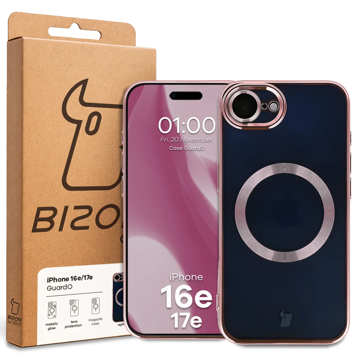 Przód pudełka Bizon Case z dedykowaną etykietą do Apple iPhone 17e / Apple iPhone 16e