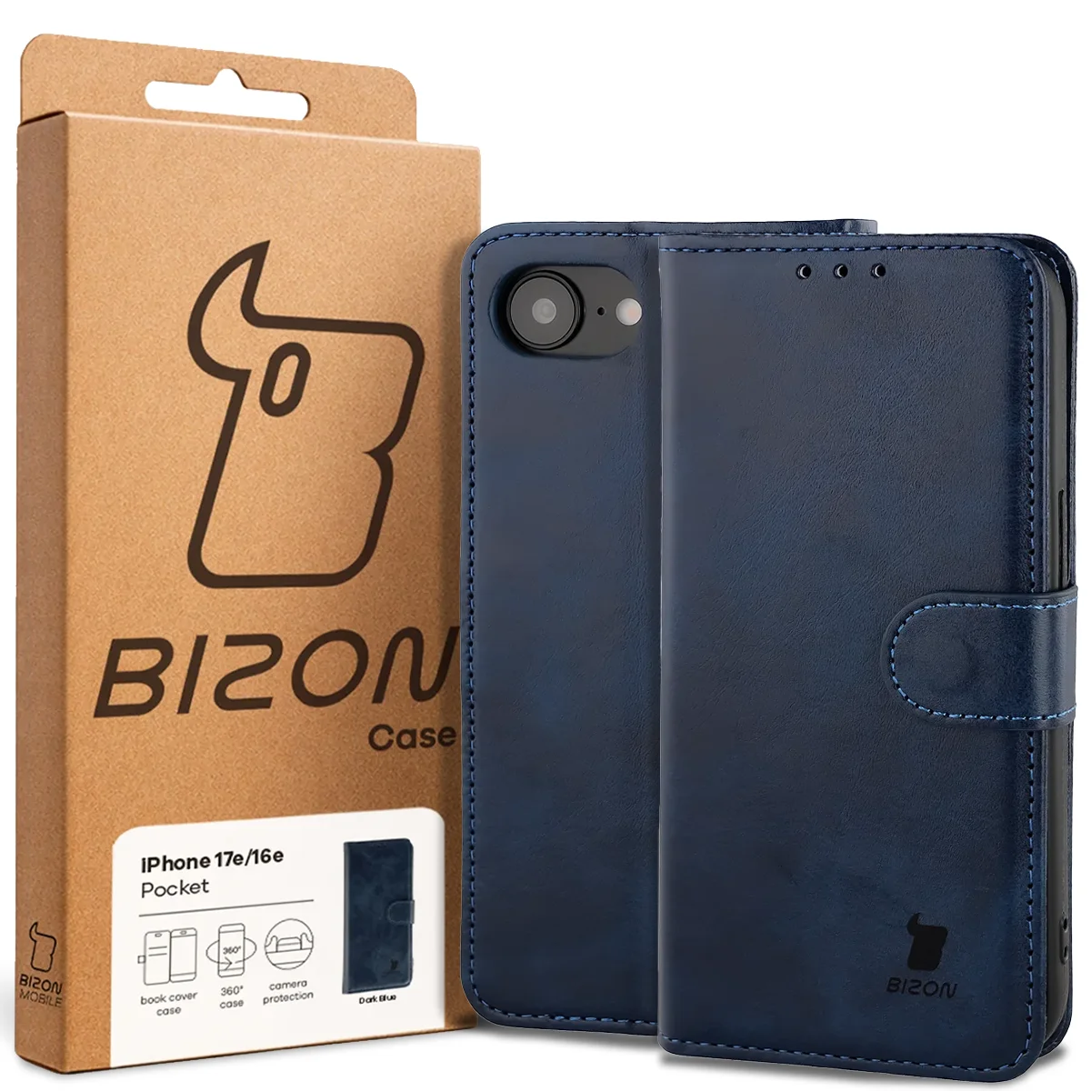 Przód pudełka Bizon Case z dedykowaną etykietą do Apple iPhone 17e /  Apple iPhone 16e