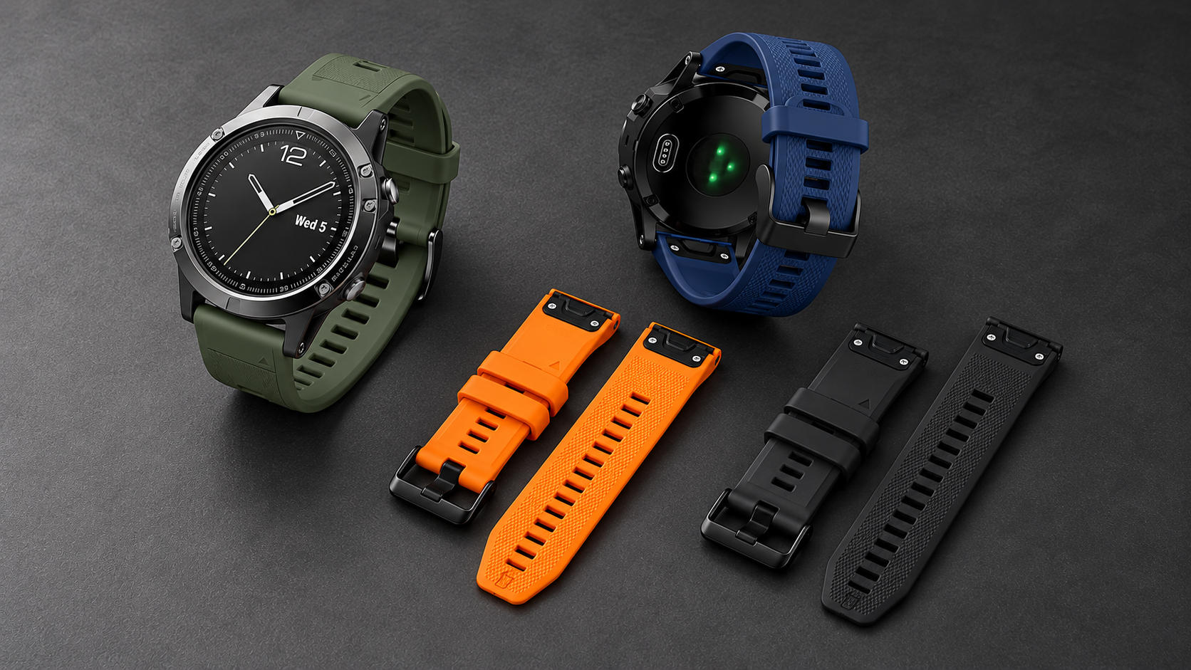 Silikonowe paski Bizon do Garmin QuickFit w kolorach zielonym, granatowym, pomarańczowym i czarnym
