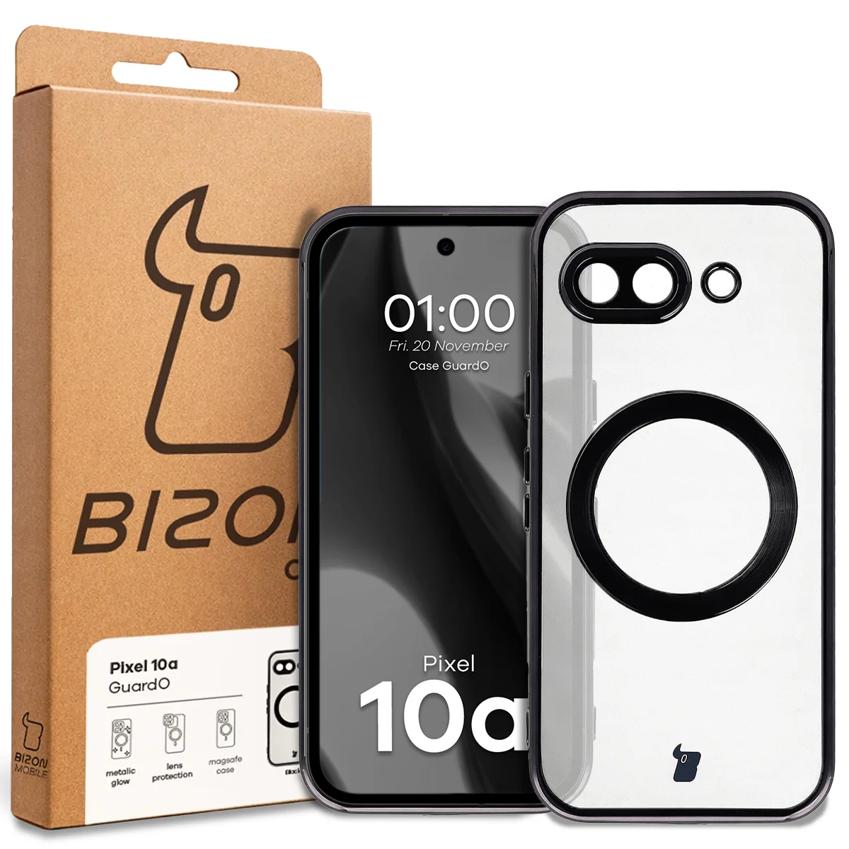 Przód pudełka Bizon Case z dedykowaną etykietą do Google Pixel 10a