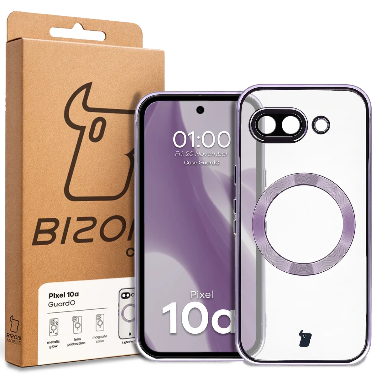 Przód pudełka Bizon Case z dedykowaną etykietą do Google Pixel 10a