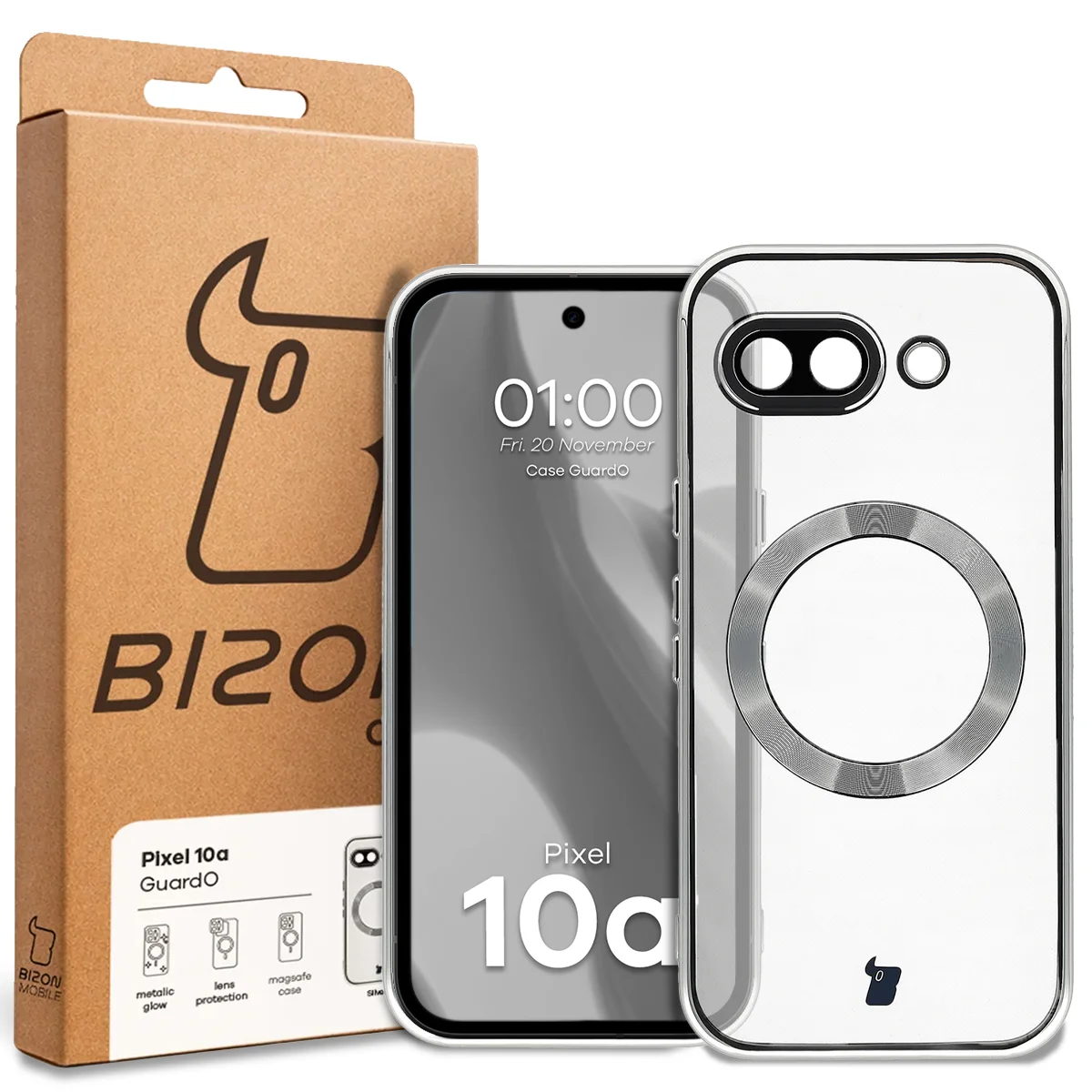 Przód pudełka Bizon Case z dedykowaną etykietą do Google Pixel 10a
