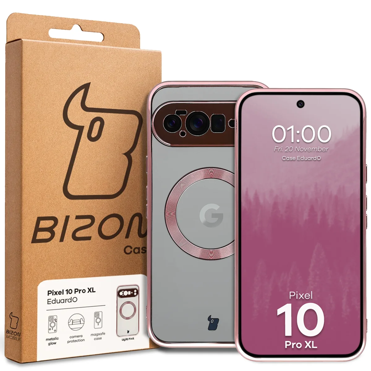 Przód pudełka Bizon Case z dedykowaną etykietą do Google Pixel 10 Pro XL