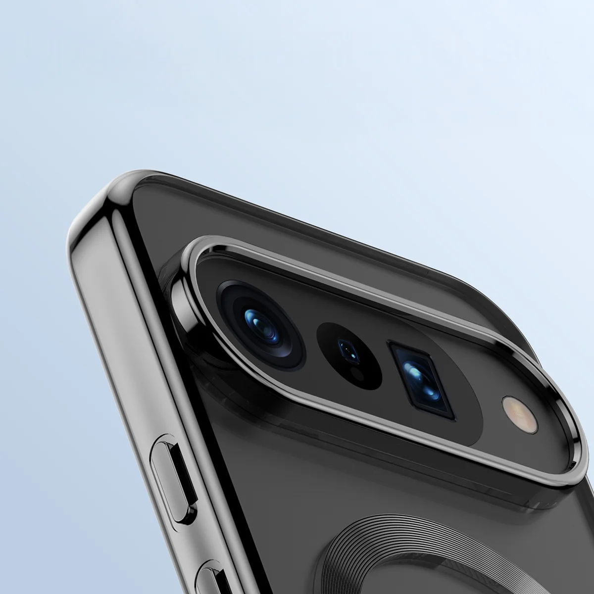 Zbliżenie na wbudowaną ochronę aparatu w Bizon Case EduardO do Google Pixel 10 / Google Pixel 10 Pro