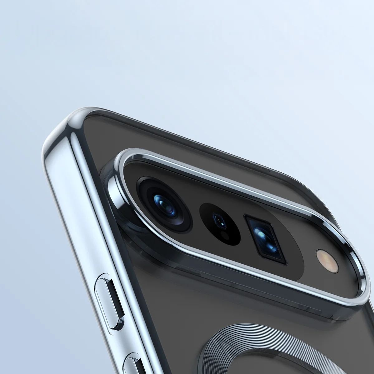 Zbliżenie na wbudowaną ochronę aparatu w Bizon Case EduardO do Google Pixel 10 / Google Pixel 10 Pro