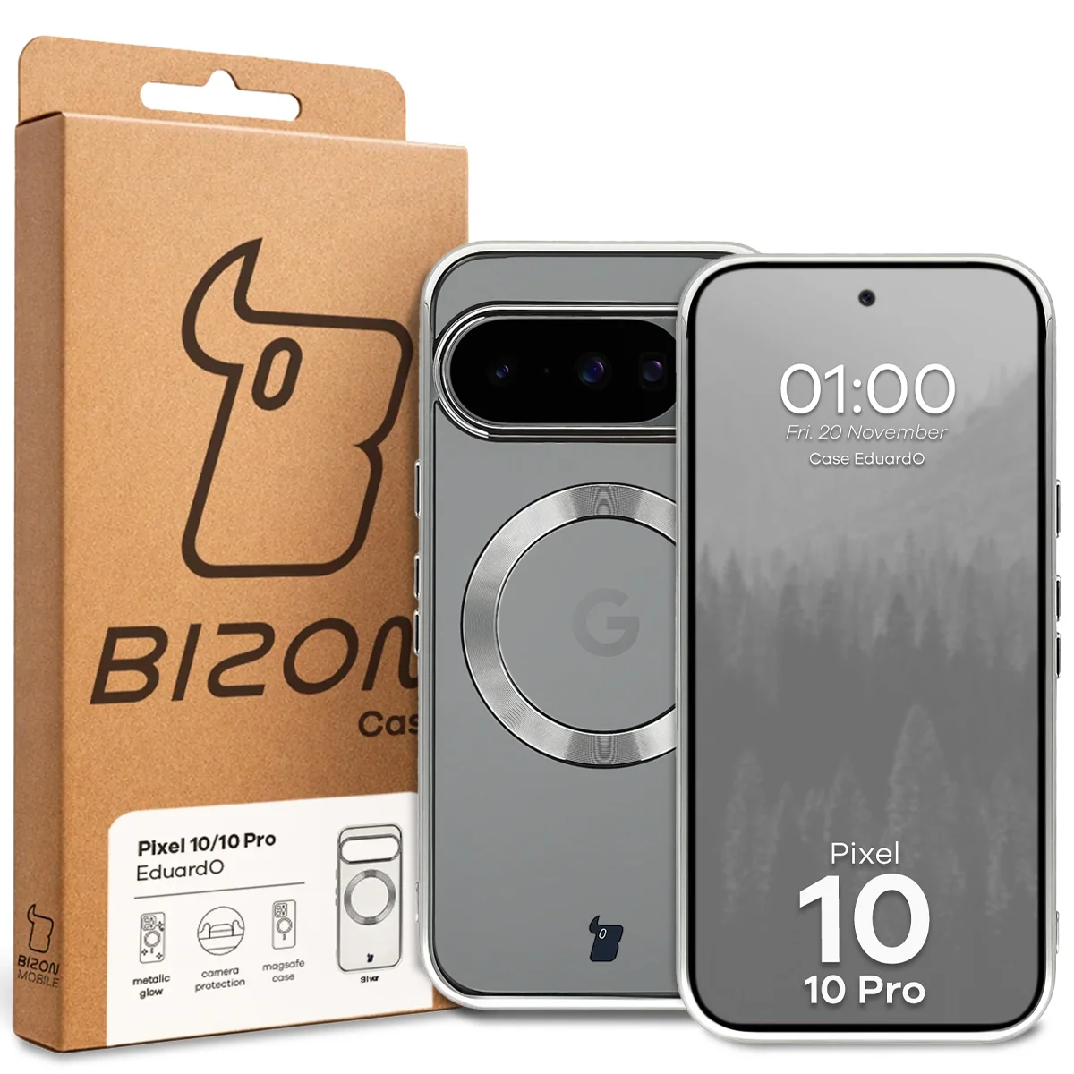 Przód pudełka Bizon Case z dedykowaną etykietą do Google Pixel 10 / Google Pixel 10 Pro