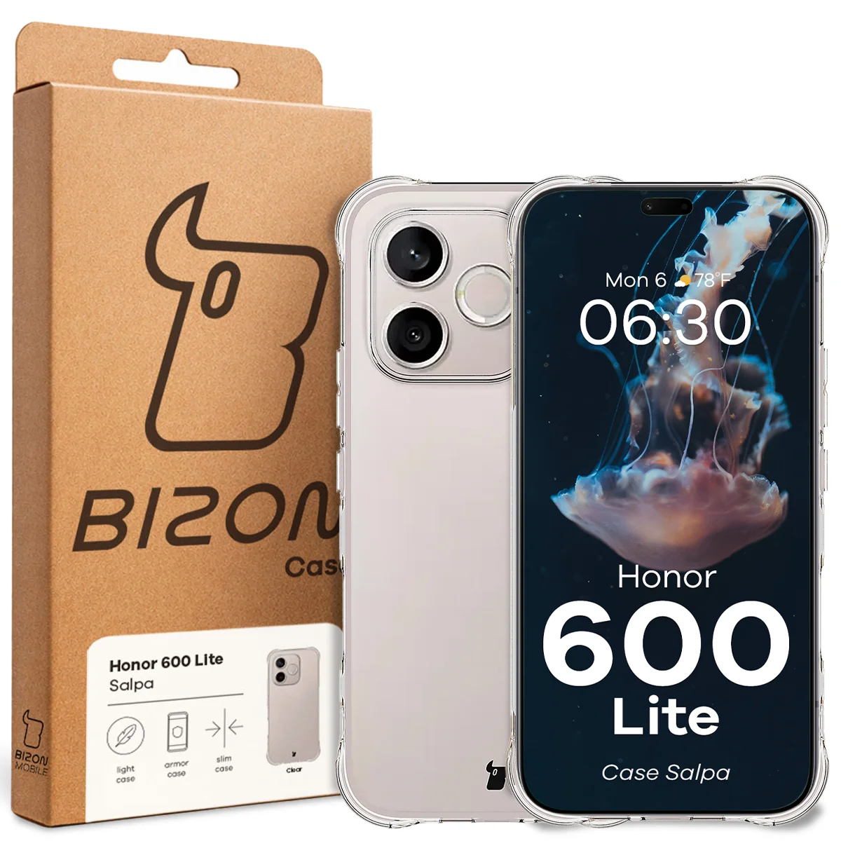 Przód pudełka Bizon Case z dedykowaną etykietą do Honor 600 Lite 5G