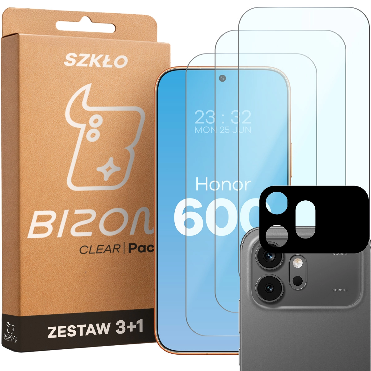 Pudełko i zestaw szkieł do Honor 600 5G: 3x szkło hartowane i lens