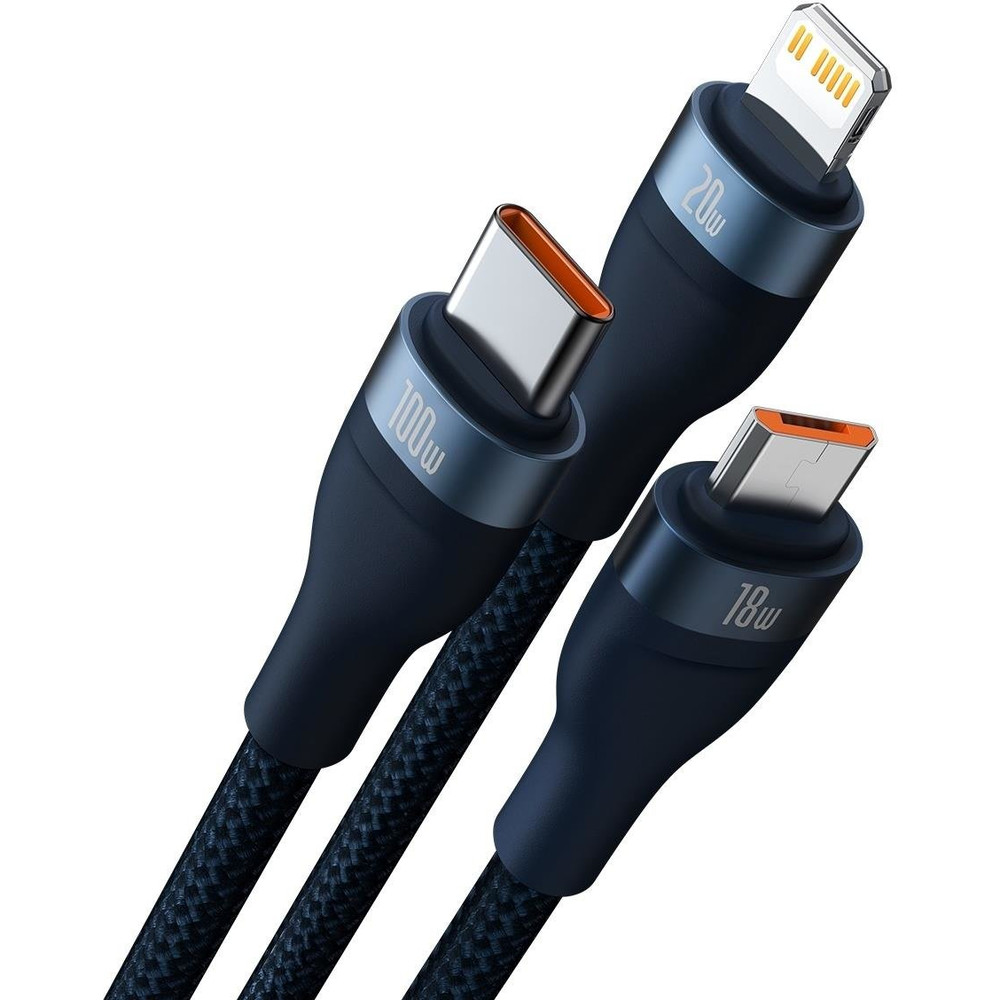 Kabel Baseus Flash Series II 3w1 USB-C / USB-A do USB-C/Lightning/MicroUSB - 1,2m 100 W, granatowy