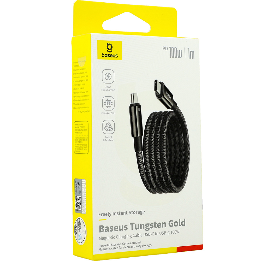 Kabel do ładowania i przesyłania danych Baseus Tungsten Gold Magnetic USB-C 100W PD, 1m, czarny z żółtymi akcentami