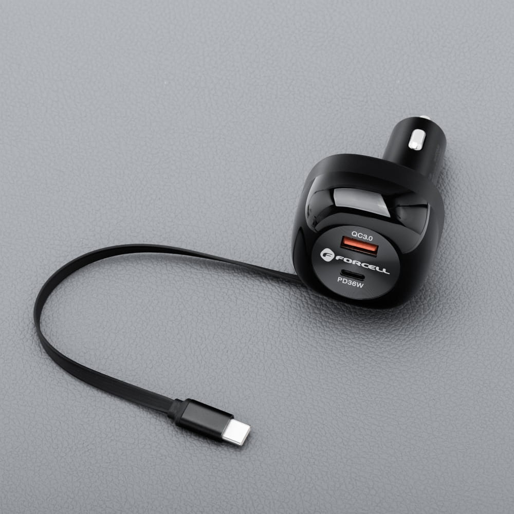 Ładowarka samochodowa Forcell F-Energy 75W, 1x USB-C, 1x USB-A, PD, QC 4.0 + zwijany kabel USB-C, czarna