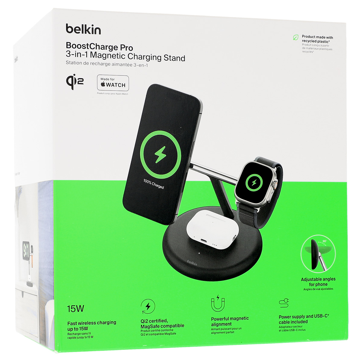 Ładowarka bezprzewodowa, indukcyjna Belkin Boost Charge Pro 3-in-1 Wireless Charger Qi2 MagSafe do Apple iPhone / AirPods / Watch + ładowarka ścienna, czarna