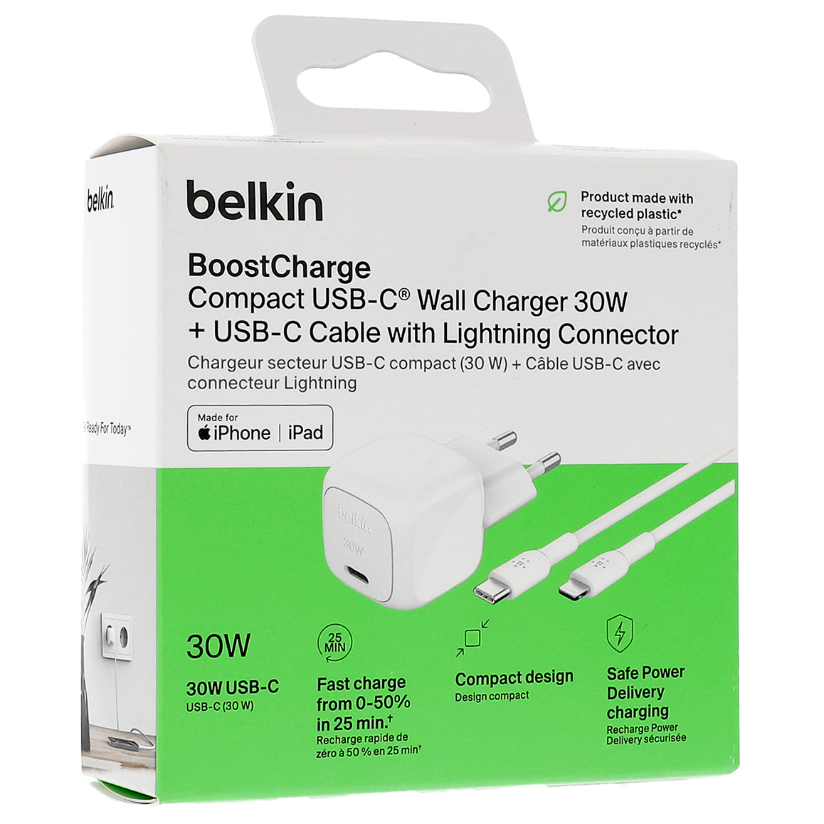 Ładowarka sieciowa Belkin Boost Charge Compact USB-C Wall Charger 30W + USB-C to Lightning Cable, USB-C PD3.1, biała