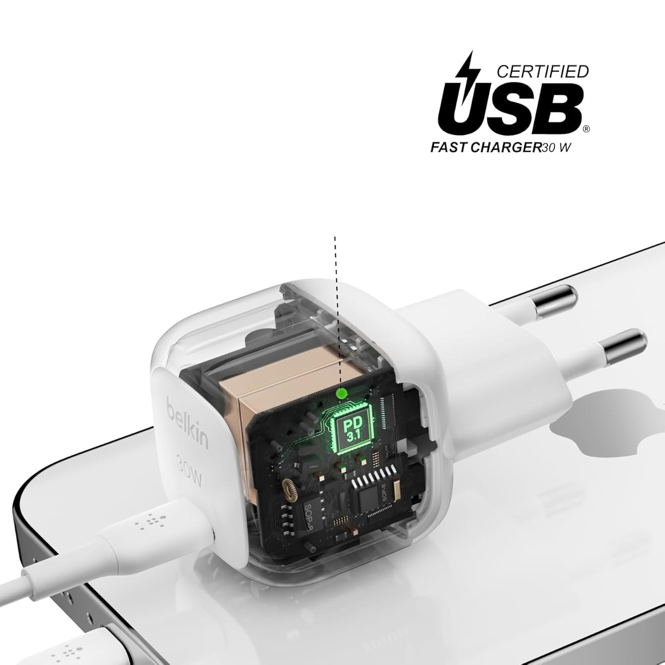 Ładowarka sieciowa Belkin Boost Charge Compact USB-C Wall Charger 30W + USB-C to Lightning Cable, USB-C PD3.1, biała