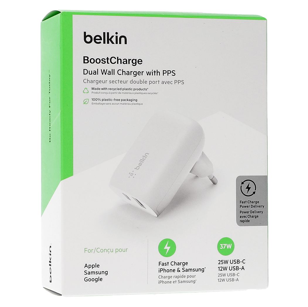 Ładowarka sieciowa Belkin Boost Charge Dual Wall Charger with PPS 37W, USB-C 25W + USB-A 12W, biała